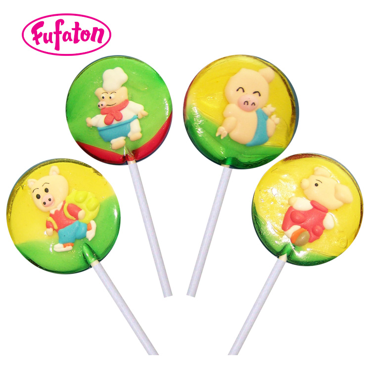 30g Round Lollipop candy with Pig shaped decoration