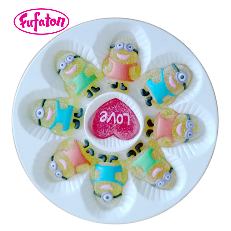 Mini decorated cartoon jelly candy on plastic tray